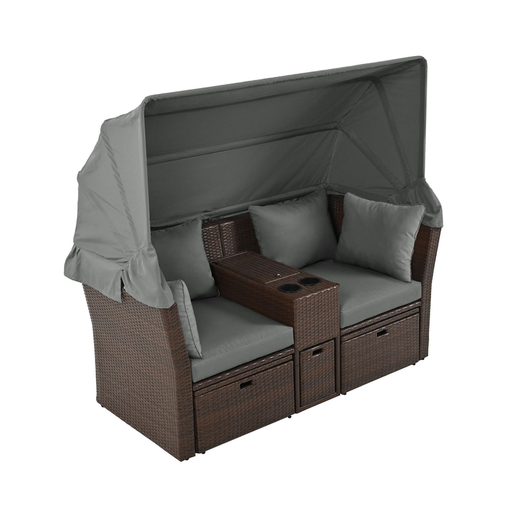 Premium Outdoor 2-Seater Patio Daybed With Foldable Awning, Cushions, And Rattan Frame (SAK90233)