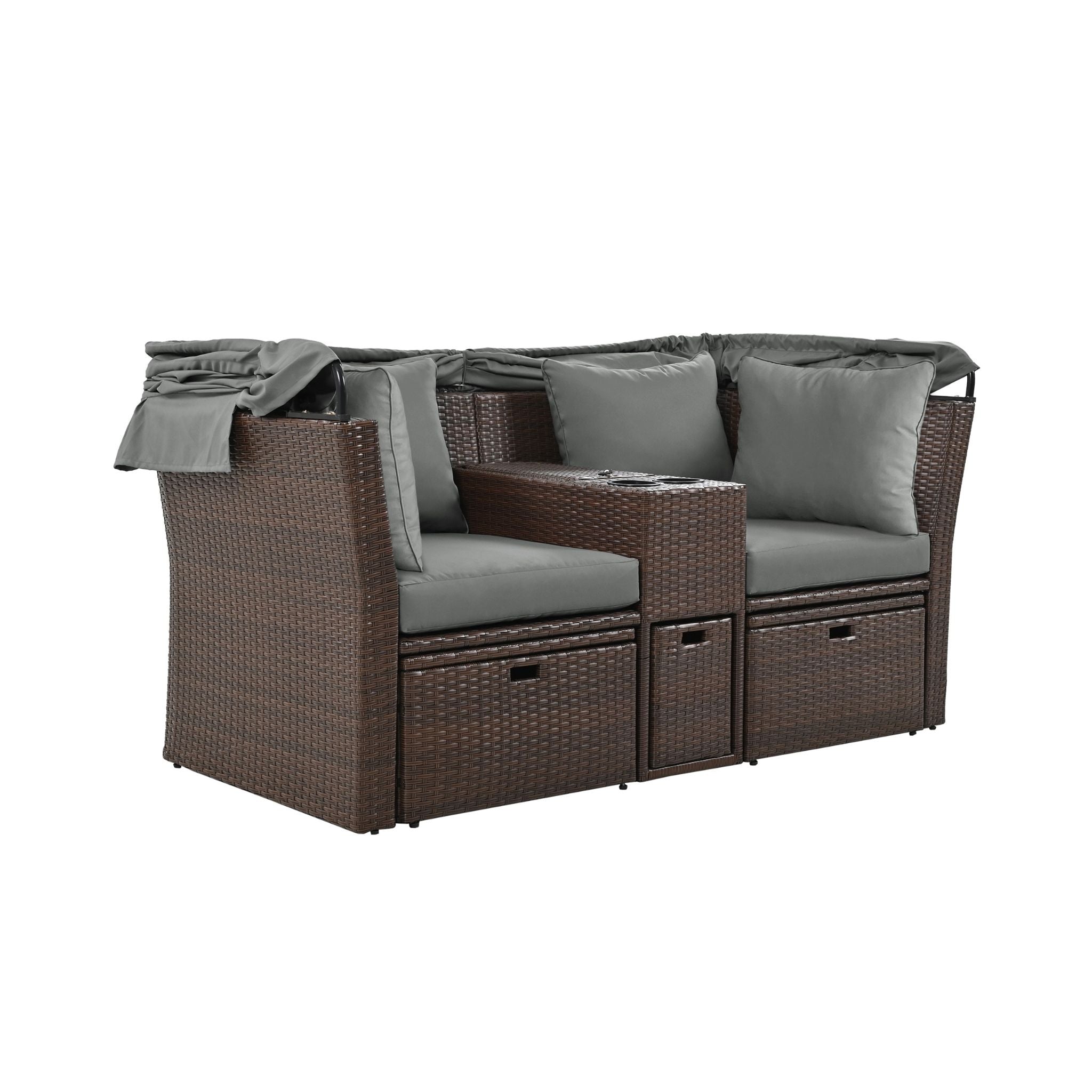 Premium Outdoor 2-Seater Patio Daybed With Foldable Awning, Cushions, And Rattan Frame (SAK90233)