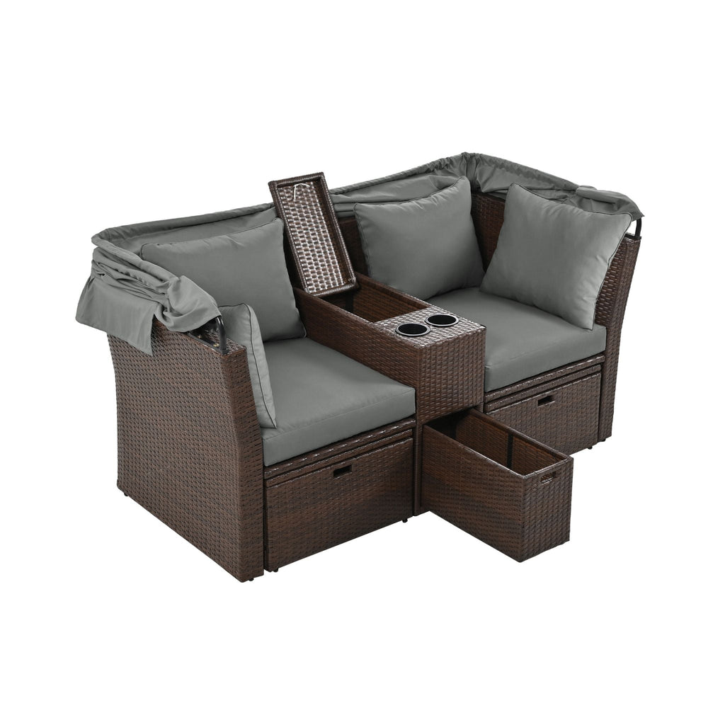 Premium Outdoor 2-Seater Patio Daybed With Foldable Awning, Cushions, And Rattan Frame (SAK90233)