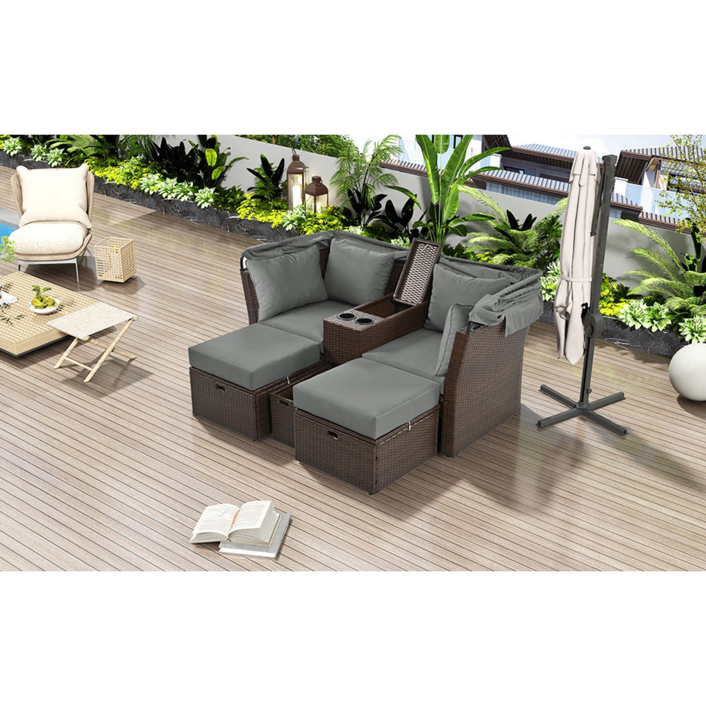 Premium Outdoor 2-Seater Patio Daybed With Foldable Awning, Cushions, And Rattan Frame (SAK90233)