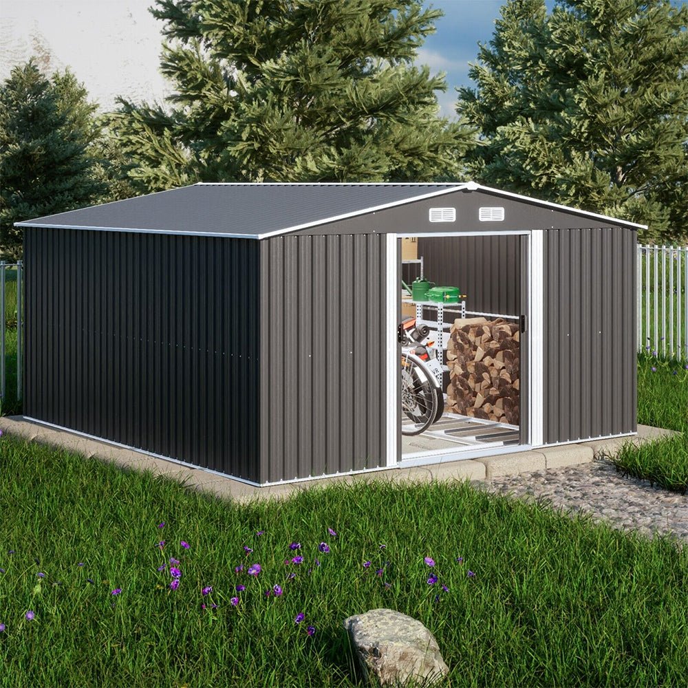 Premium Outdoor Galvanized Steel Backyard Storage Shed W/ Dual Lockable Sliding Doors, 11x13' (95382641)