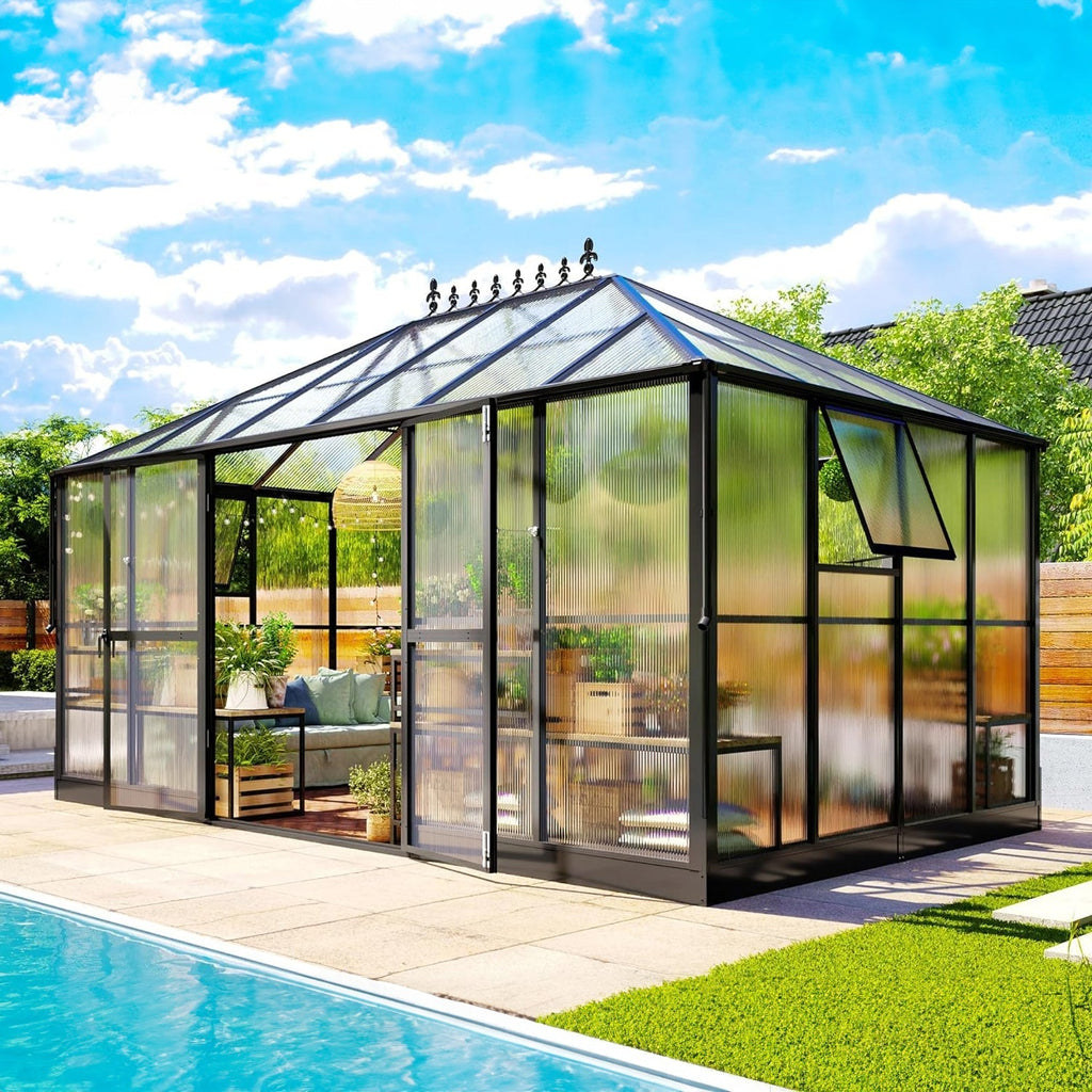 [10x14FT] Premium Outdoor Polycarbonate Greenhouse With Aluminum Frame And Double Swing Doors (93841752)