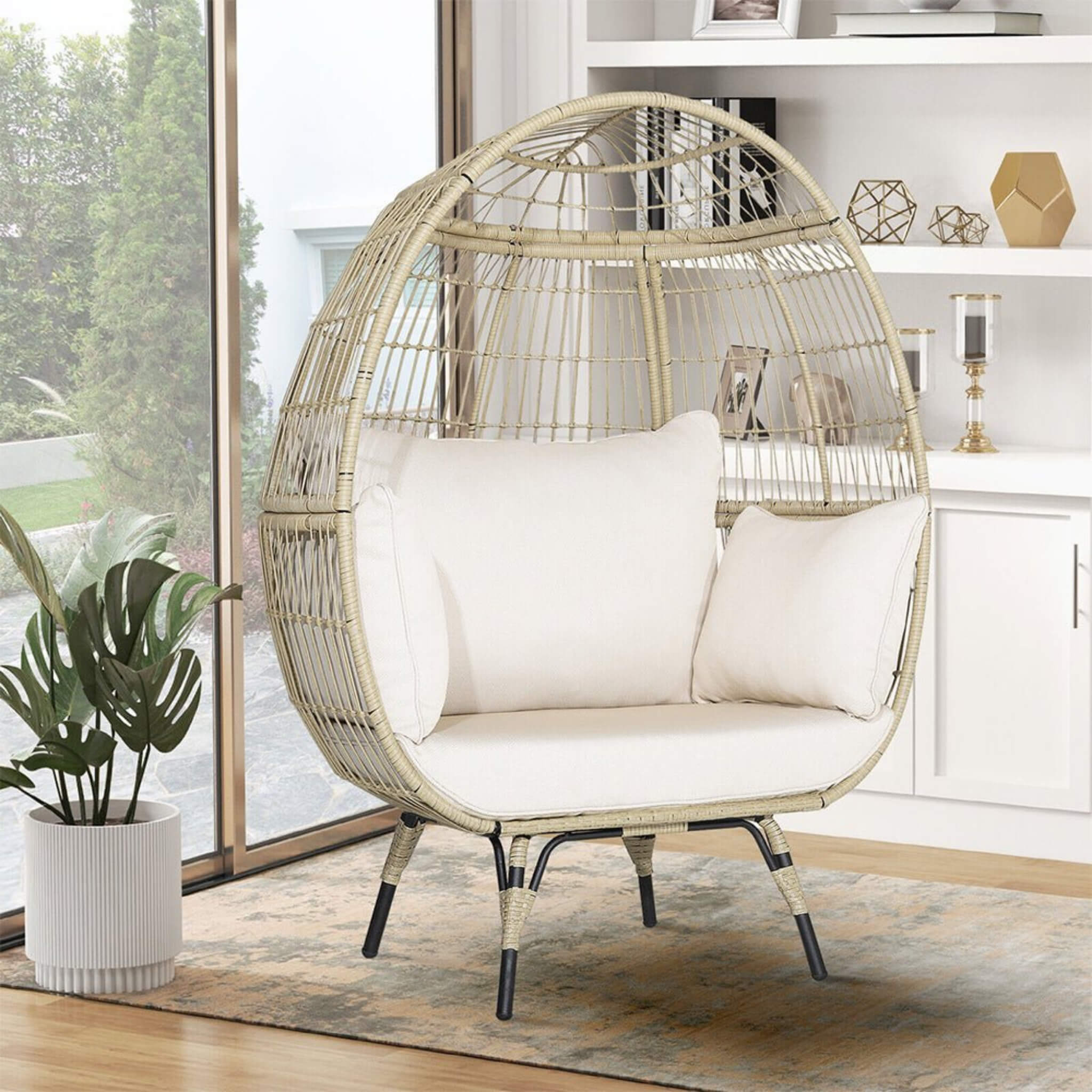Premium Oversized Rattan Patio Egg Lounge Chair Basket With Cushions, 57" (SAK91684)