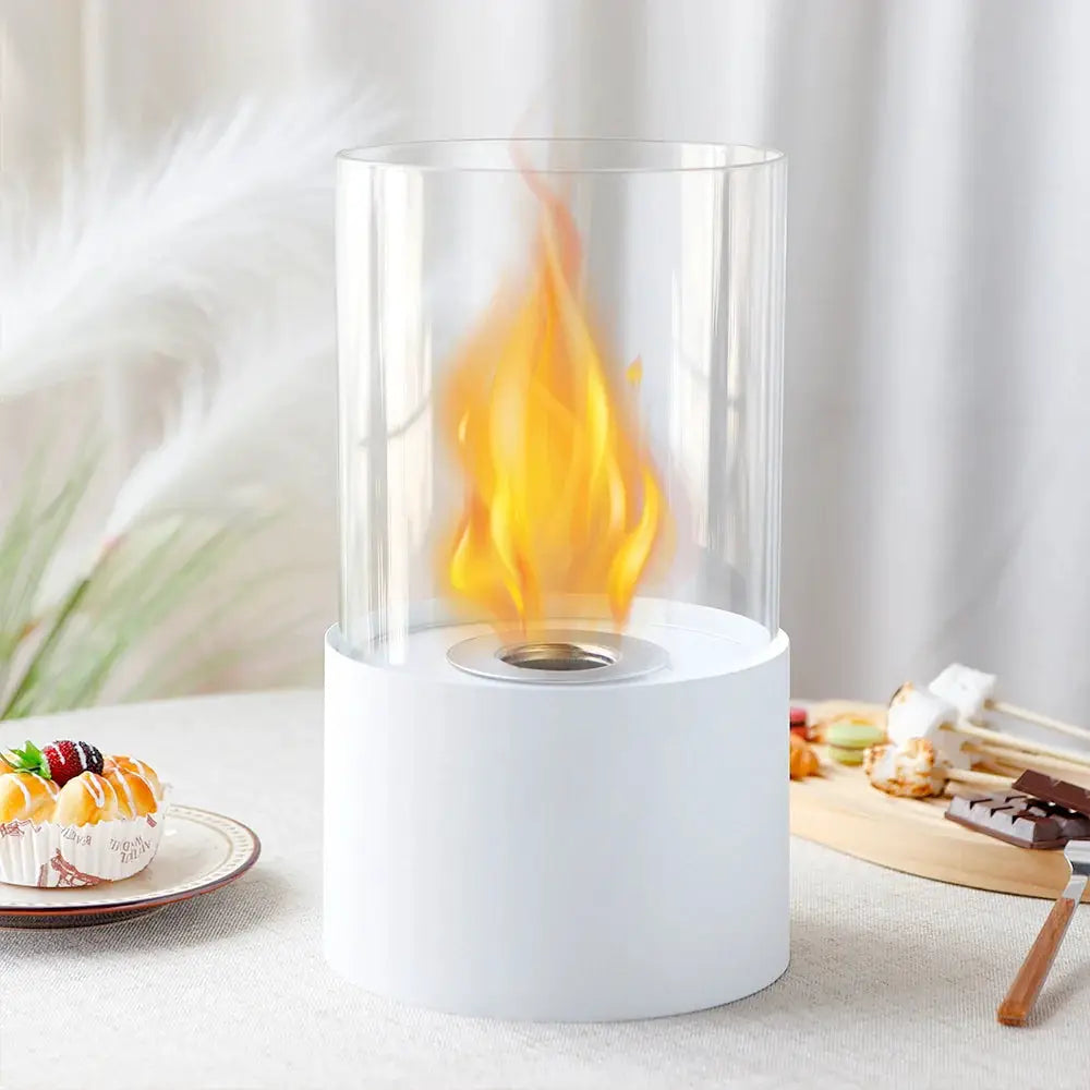 11.4H Round Portable Tabletop Fireplace in white with glass cylinder.