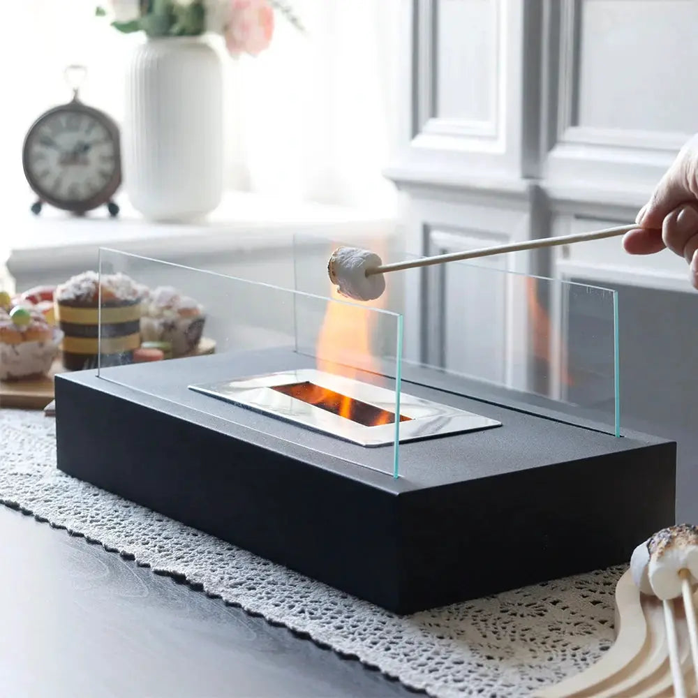 Square Tabletop Fire Bowl Pot with Two-Sided Glass, black base, JHY DESIGN gel & ethanol fireplace.