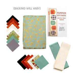 Quilt kit: Pumpkin Patchwork Quilted Table Runner by Block Party Quilt Co; includes precut fall fabrics with teal accent.