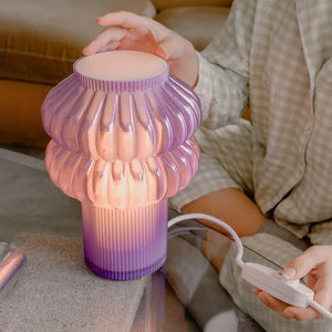 Oppi Table Lamp by Terra Labs, purple gradient ribbed glass with a stacked bulbous design