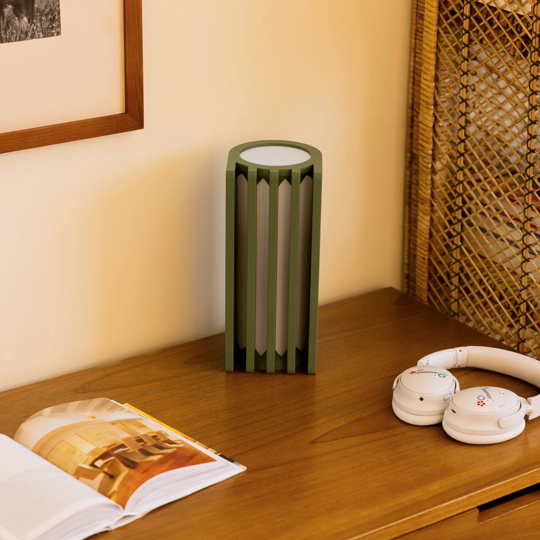 Radiator Table Lamp, green metal frame with vertical slats.