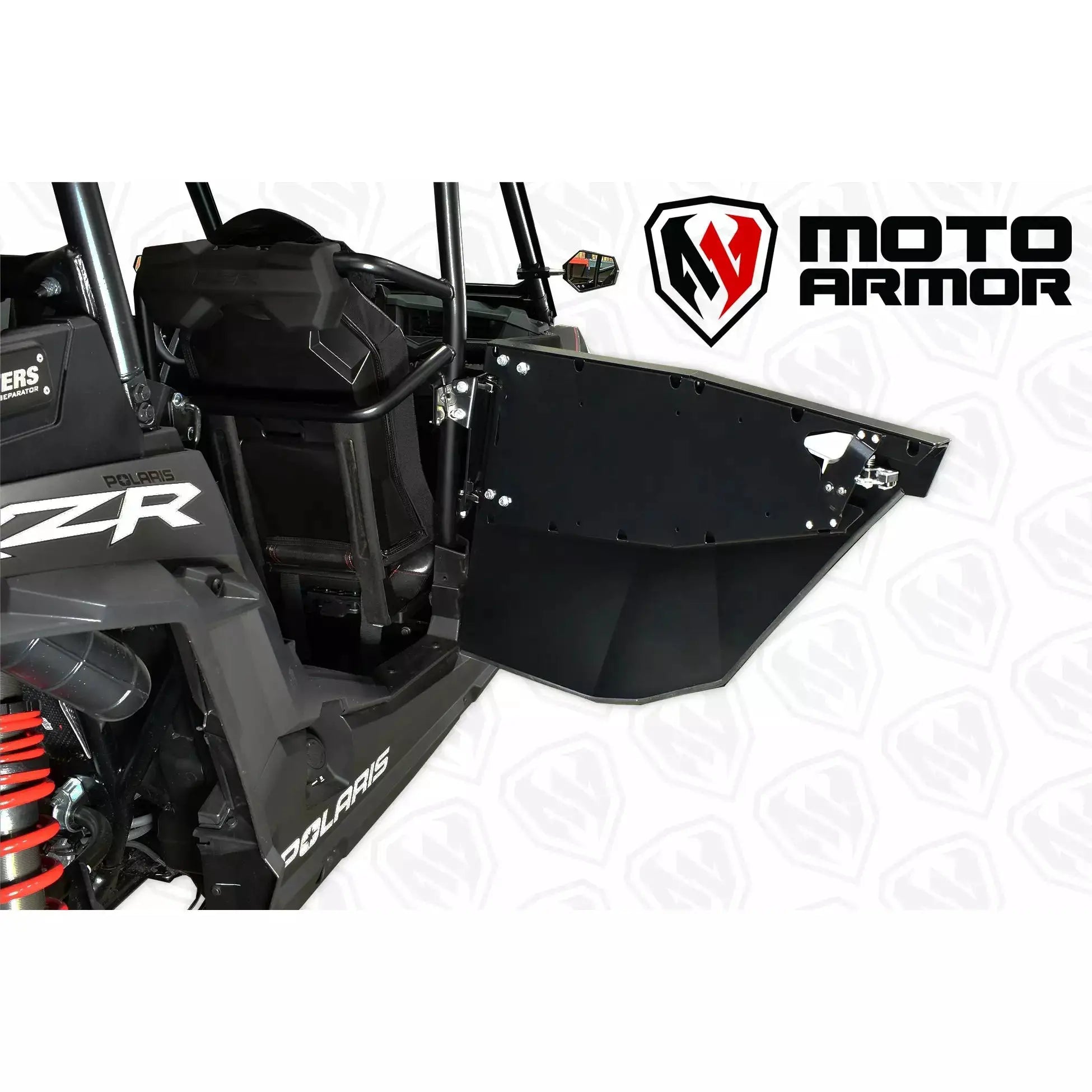 Polaris RZR XP 4 1000 black aluminum doors installed; Moto Armor logo visible in background