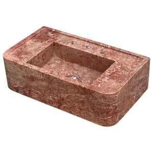 Red travertine rectangular wall-mount bathroom sink, 30 in L x 16 in W x 8 in H, with three faucet holes.