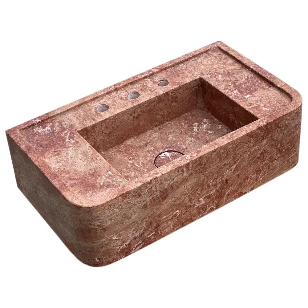 Red travertine rectangular wall-mount bathroom sink by Villohome with three faucet holes