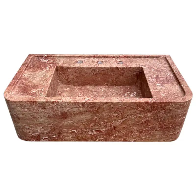 Villohome red travertine rectangular wall-mount bathroom sink, 16x30x8 in with three faucet holes.