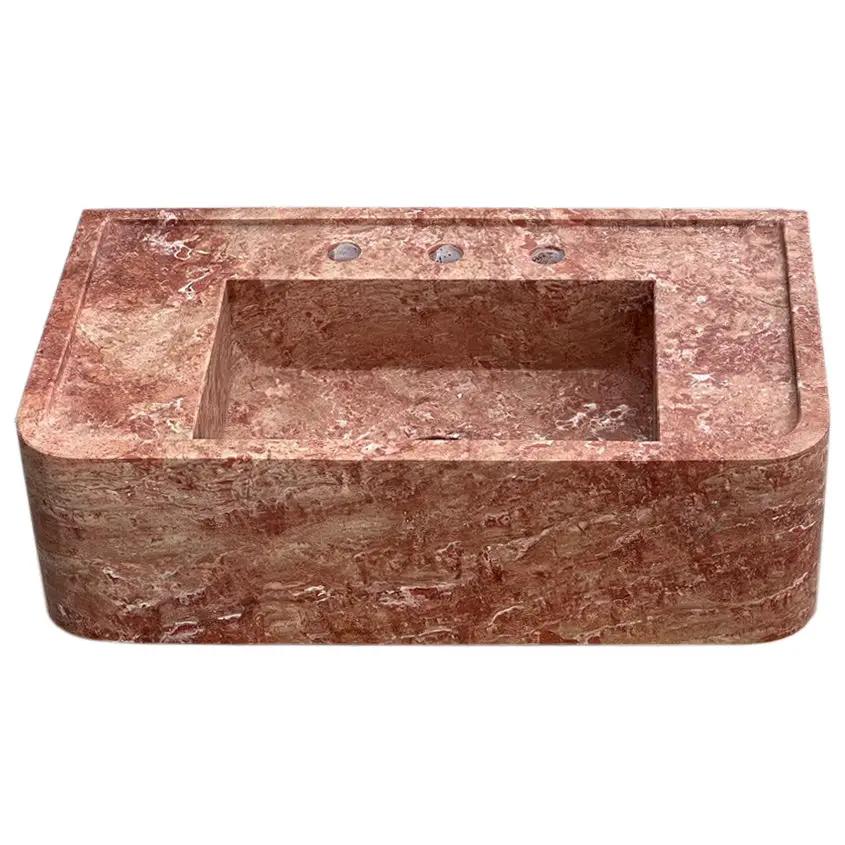Red travertine rectangular wall-mount bathroom sink, 30in L x 16in W x 8in H, with three faucet holes