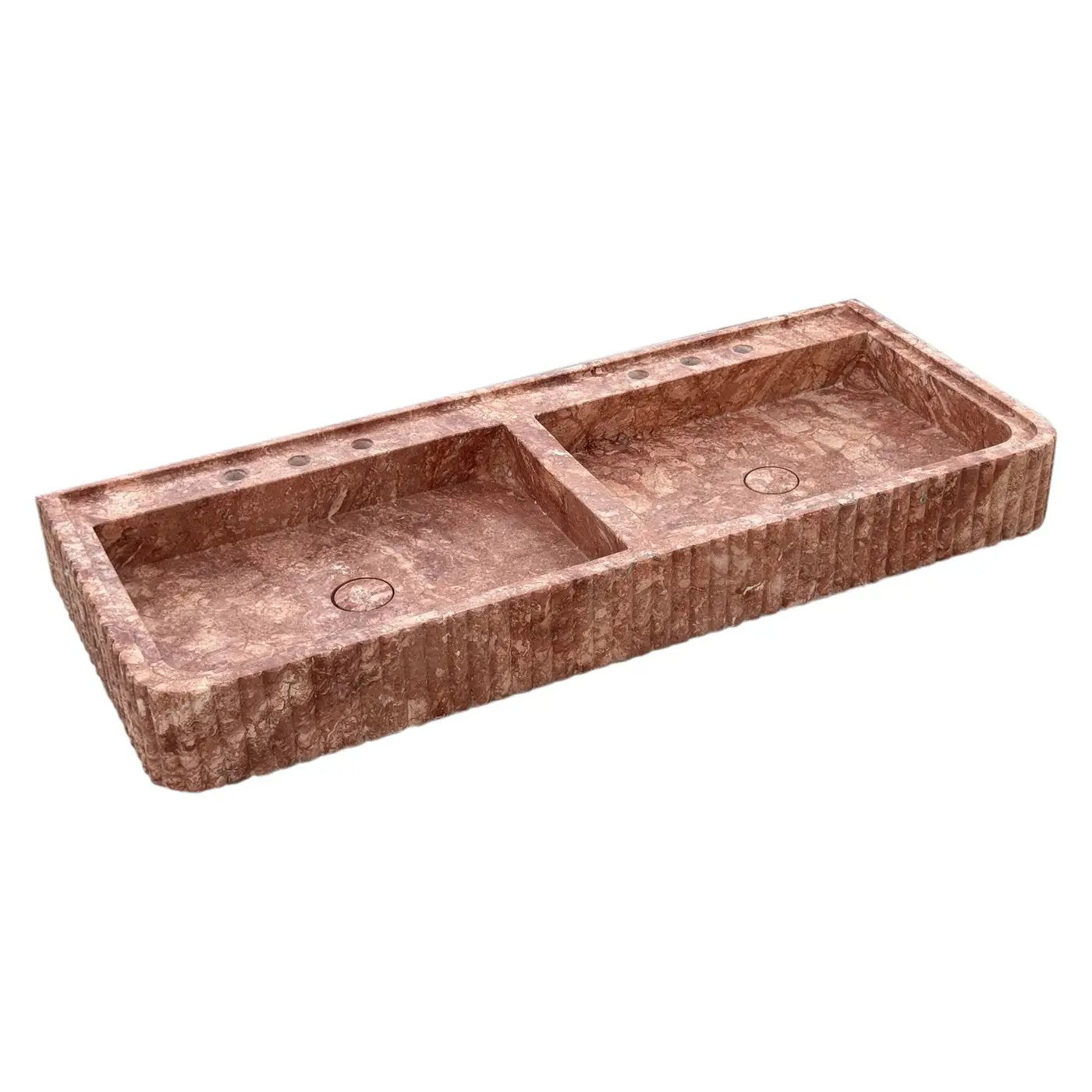 Bathroom vanity sink in red travertine, two basins, fluted front and edges Villohome
