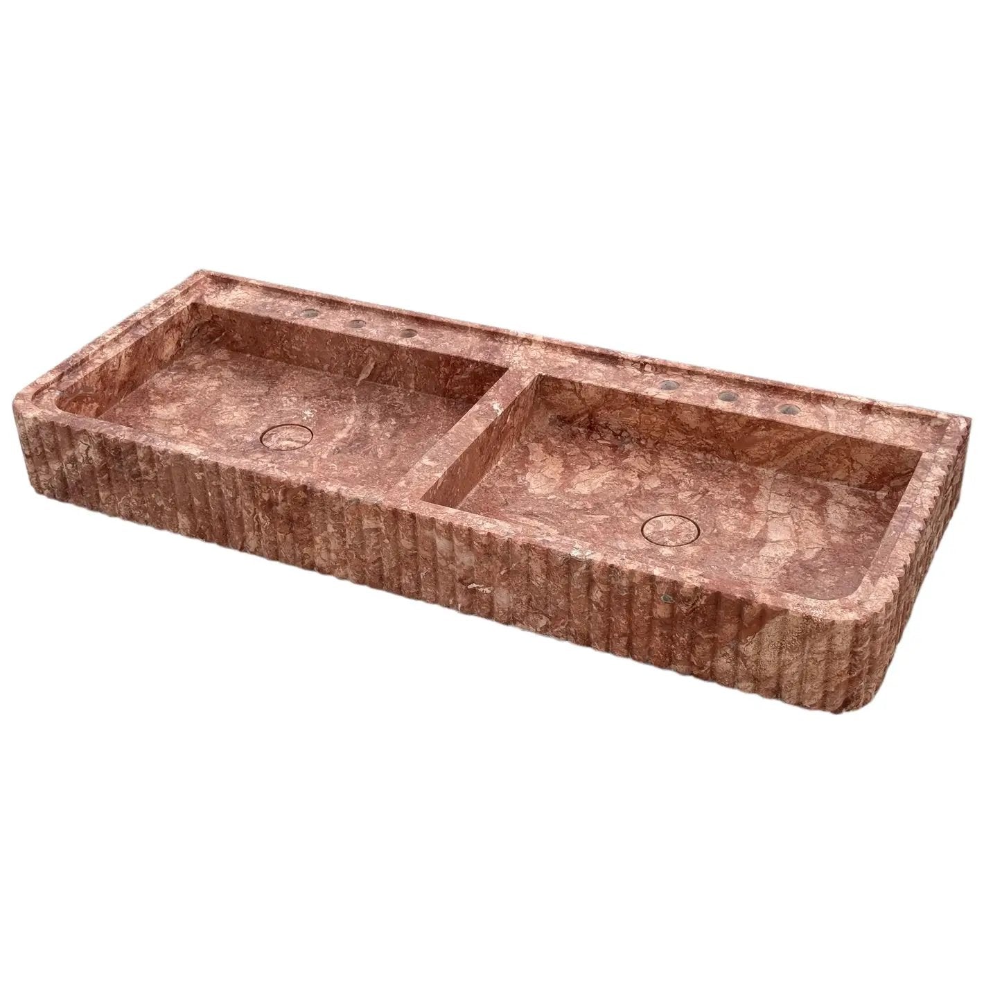 Villohome red travertine double bathroom vanity sink with fluted front and edges, two basins, 20W x 48L