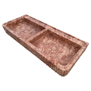 Red travertine double bathroom vanity sink with fluted front and edges, two basins, Villohome
