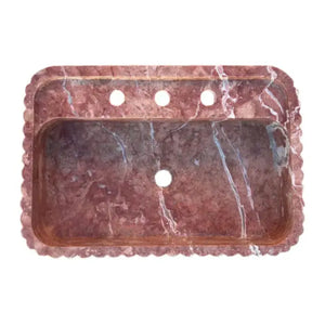 Villohome red travertine wall-mount bathroom sink with ribbed texture and three faucet holes