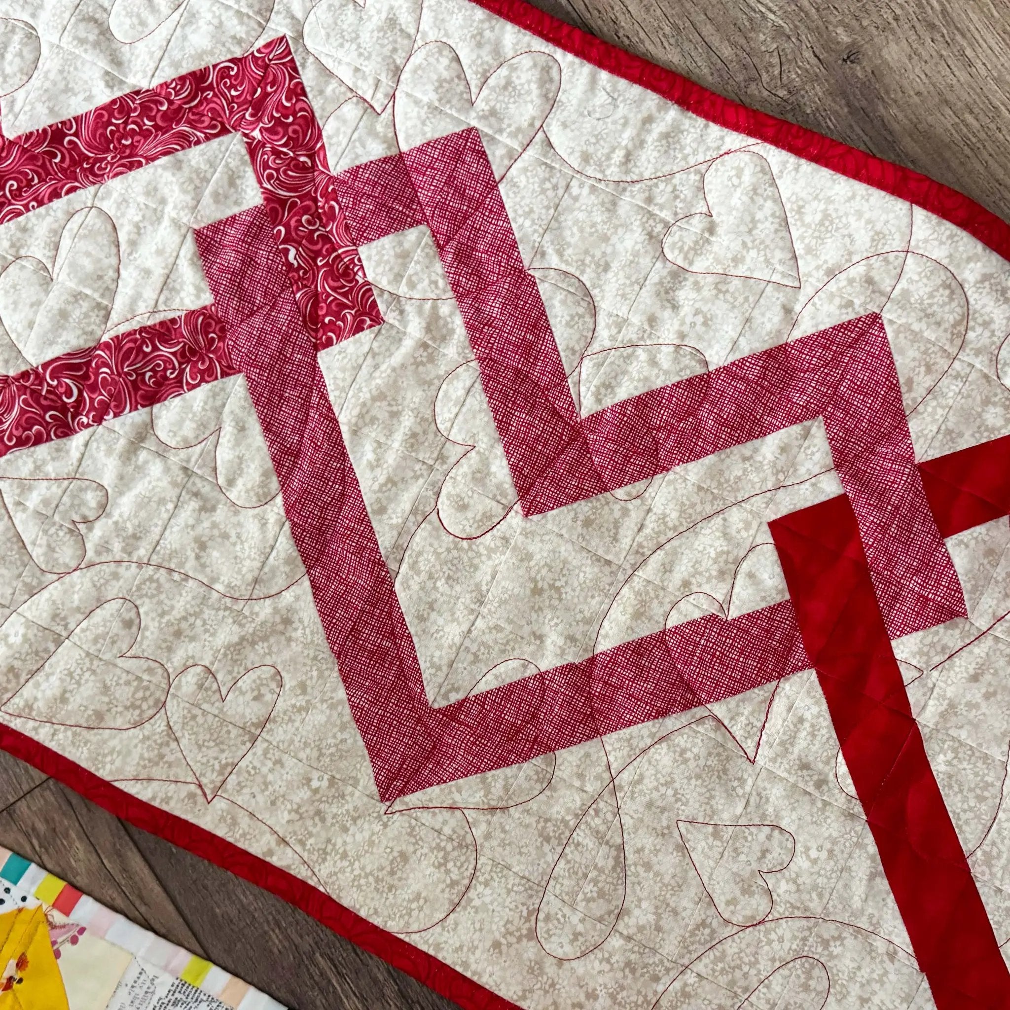 Favorite Things precut table runner bundle, red and cream fabrics in 3 patterns