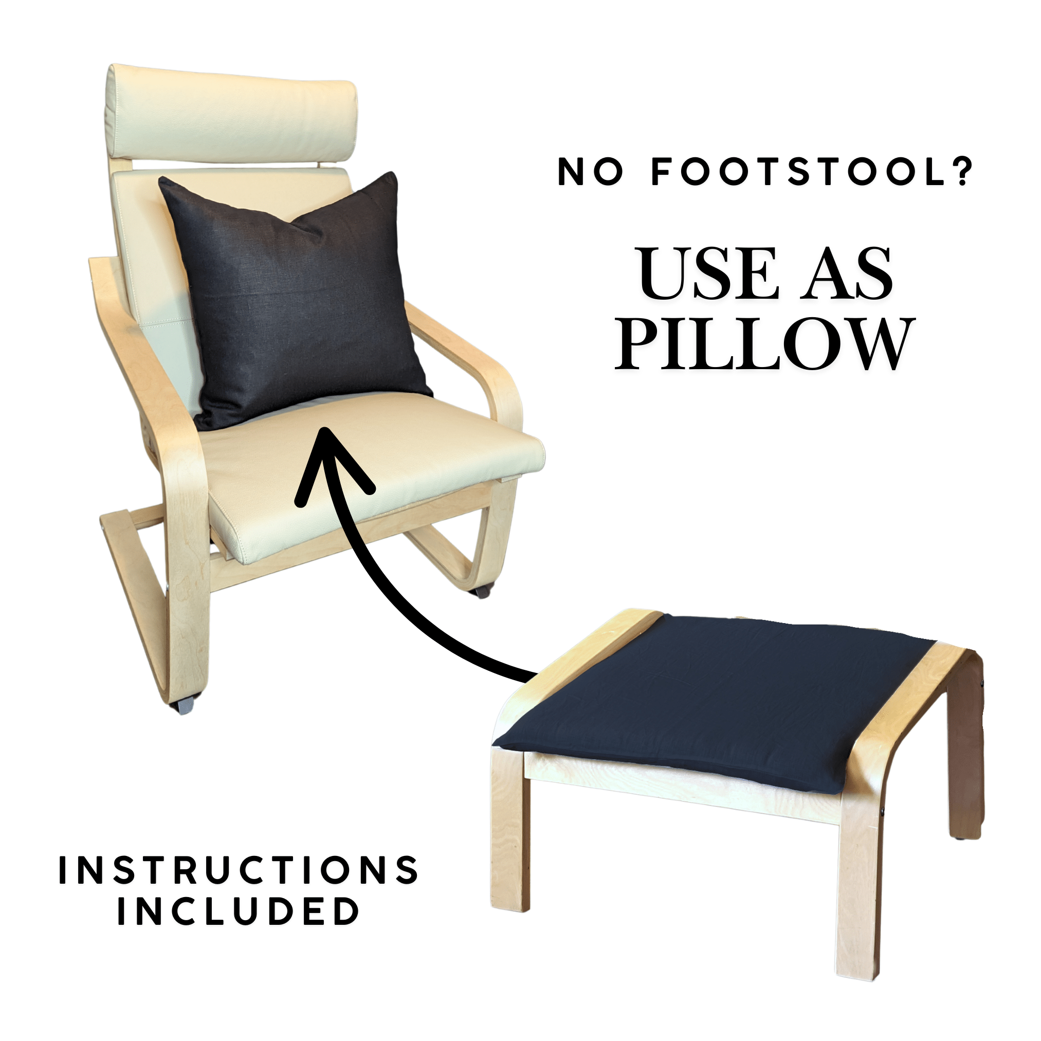 Black European Linen Chair and Footstool Slip Covers, Compatible with IKEA Poang