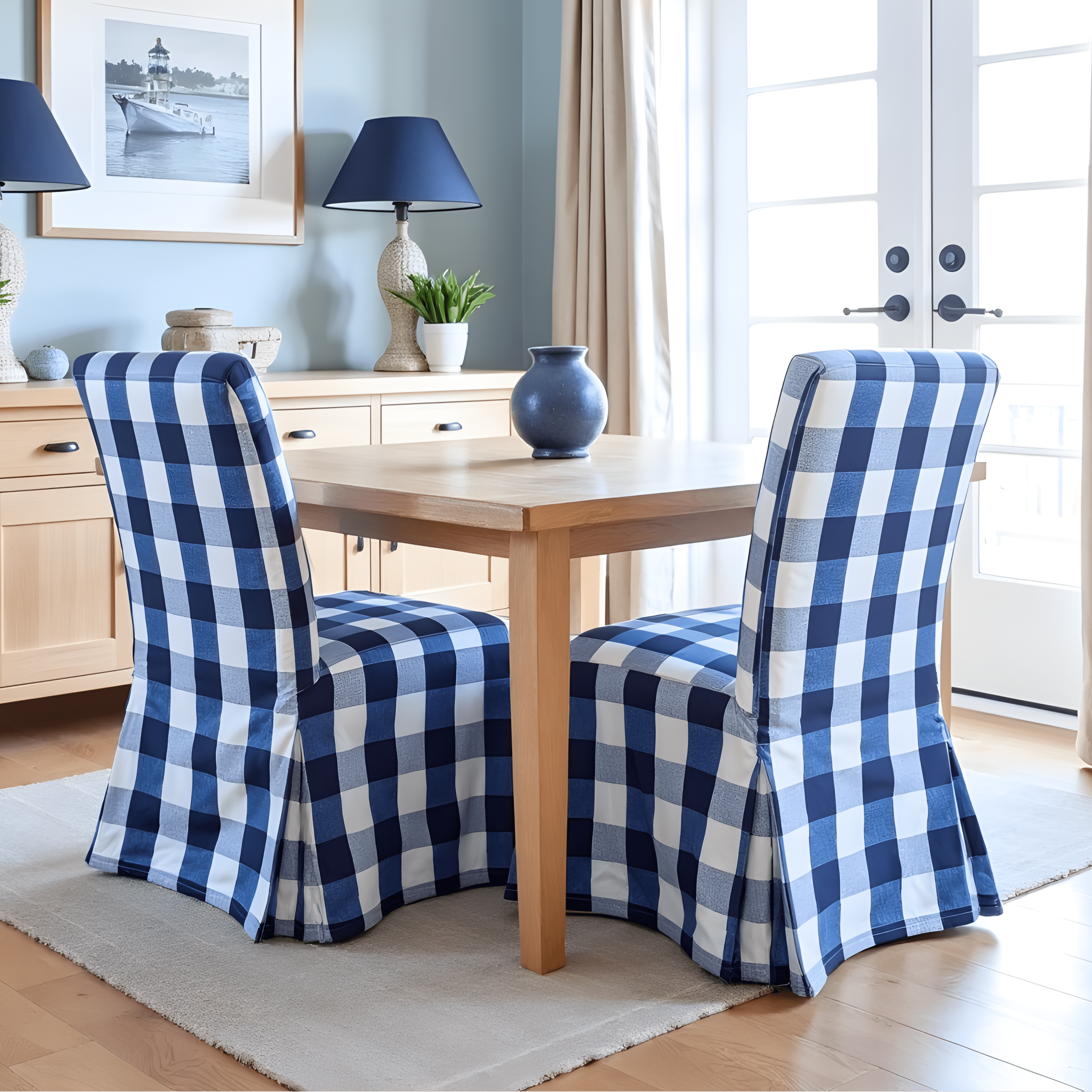 4 Pack - Dining Chair Slip Covers, Compatible with IKEA Henriksdal,  Buffalo Check Navy Blue, Floor Length