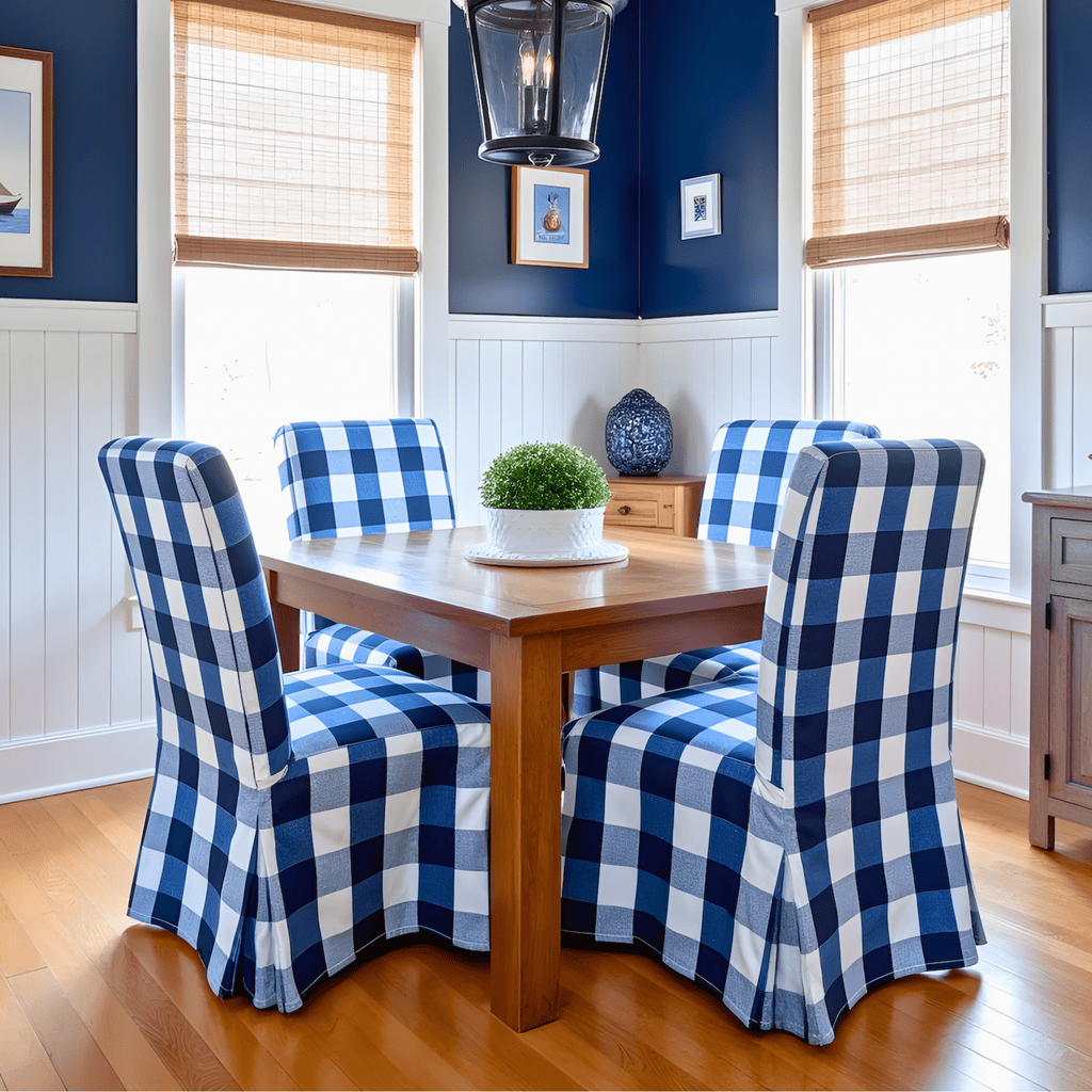 Buffalo Check Navy Blue Floor Length Dining Chair Cover, Compatible with IKEA Henriksdal