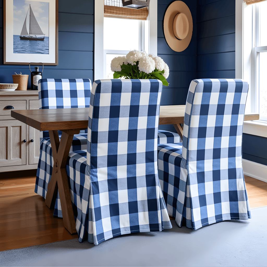 Buffalo Check Navy Blue Floor Length Dining Chair Cover, Compatible with IKEA Henriksdal