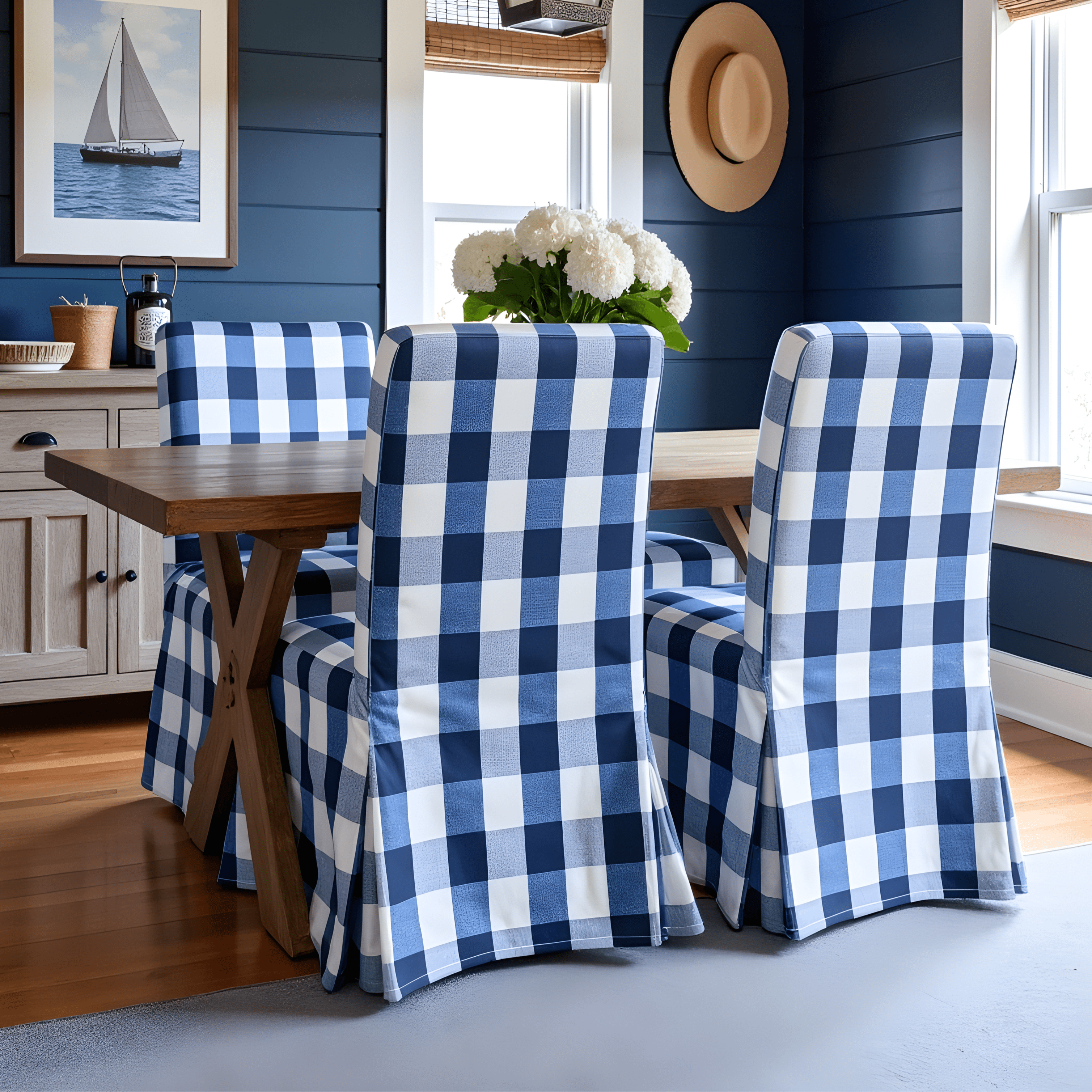 Buffalo Check Navy Blue Floor Length Dining Chair Cover, Compatible with IKEA Henriksdal