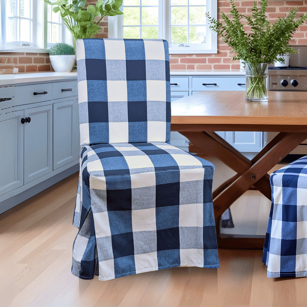 Buffalo Check Navy Blue Floor Length Dining Chair Cover, Compatible with IKEA Henriksdal
