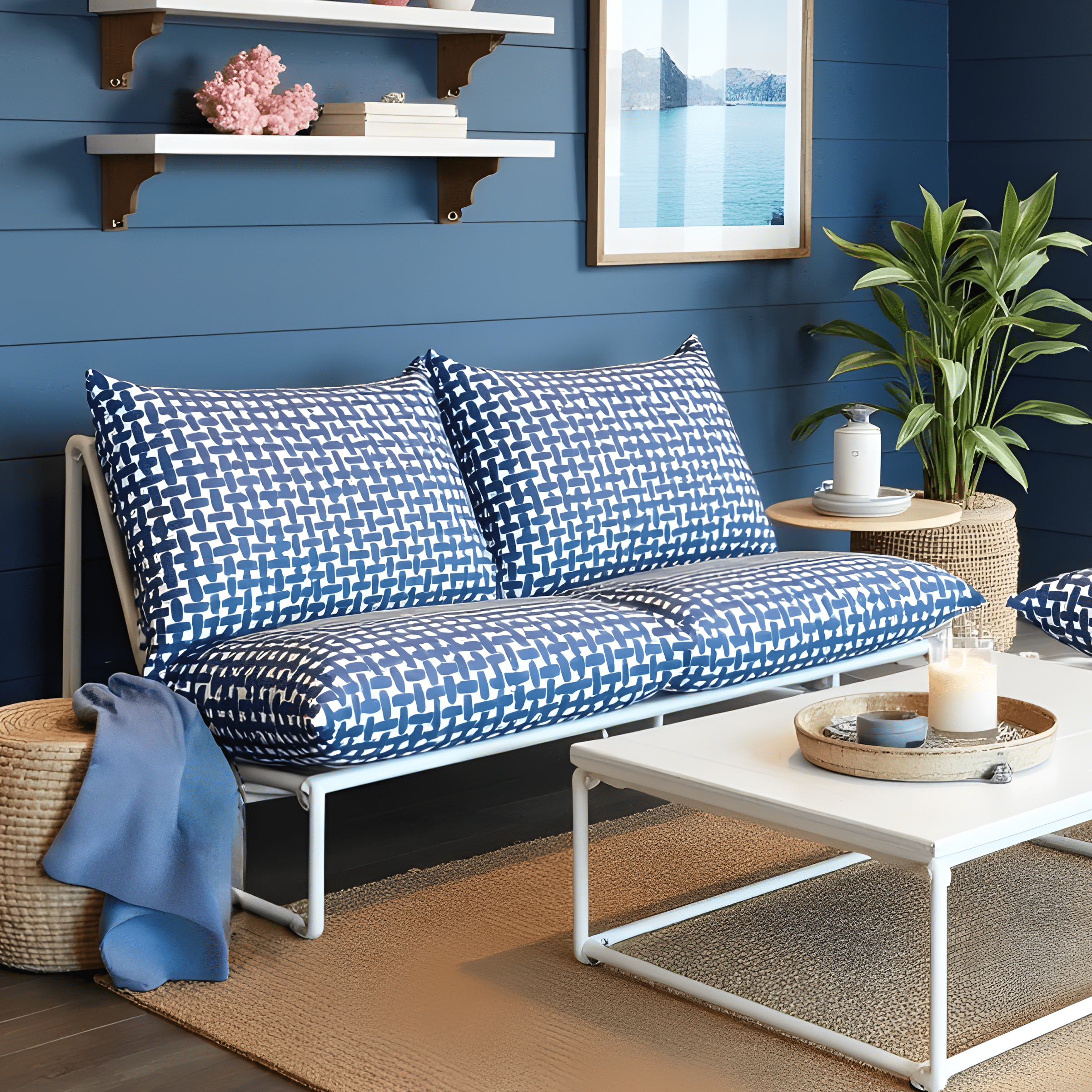 Modern Navy Blue Lattice Print Outdoor Slipcovers, Compatible with IKEA Havsten - Made to Order