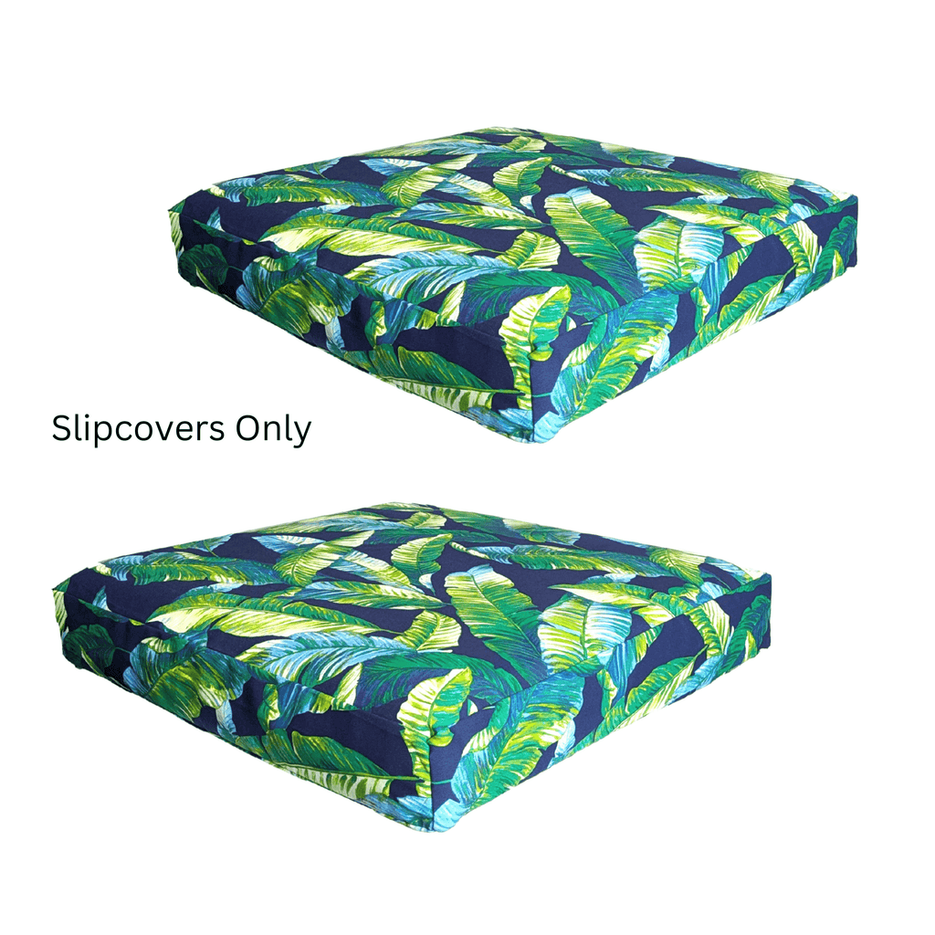 Rockin Cushions Outdoor Slip Covers | Navy Green Banana Leaf Print| Compatible with IKEA Duvholmen Cushions | Includes 2 Duvholmen Pillow Covers and 2 Duvholmen Seat Covers - Set of 4