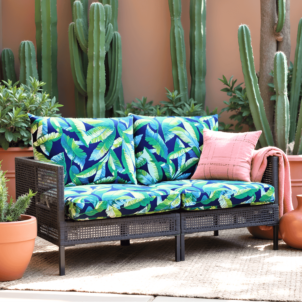 Rockin Cushions Outdoor Slip Covers | Navy Green Banana Leaf Print| Compatible with IKEA Duvholmen Cushions | Includes 2 Duvholmen Pillow Covers and 2 Duvholmen Seat Covers - Set of 4