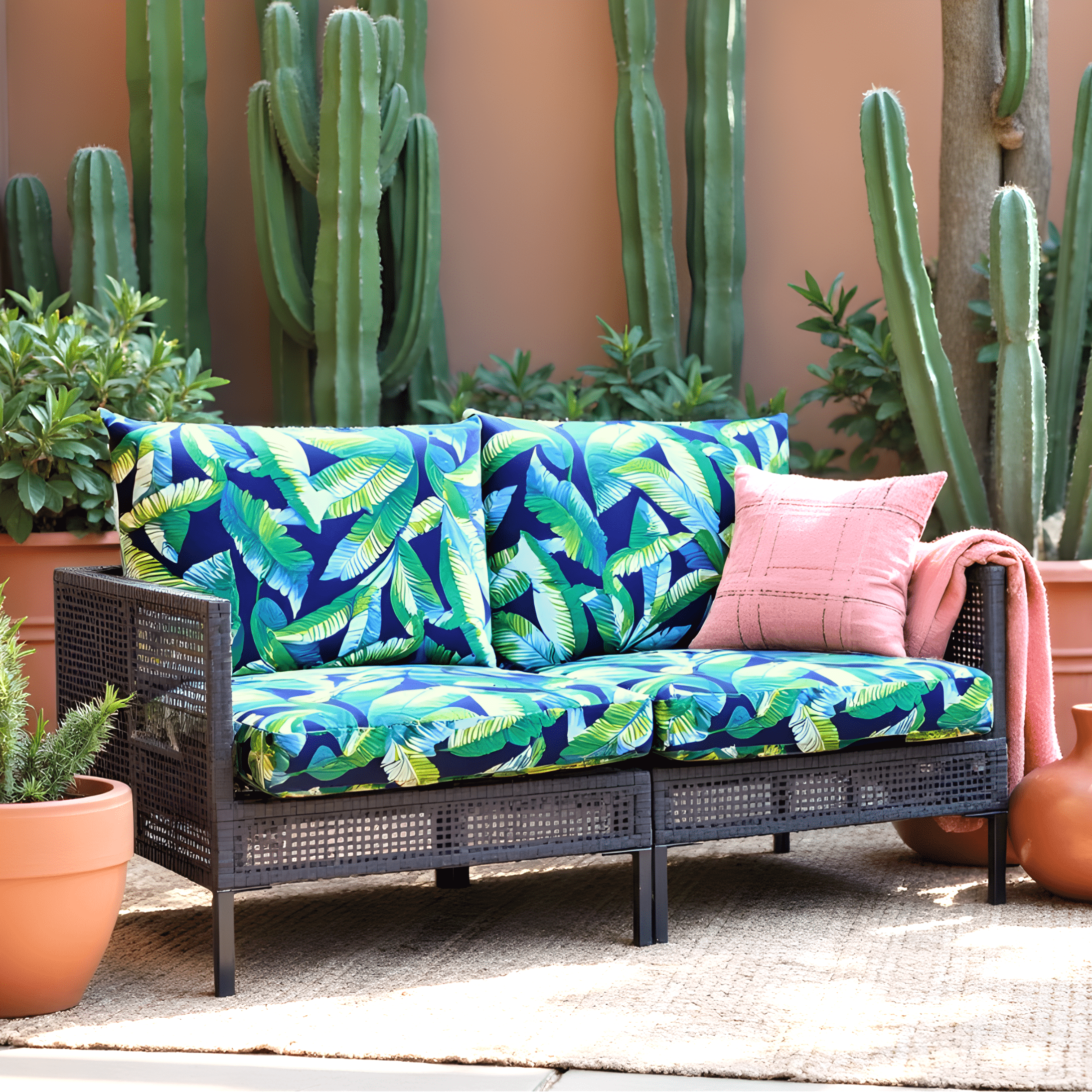 Rockin Cushions Outdoor Slip Covers | Navy Green Banana Leaf Print| Compatible with IKEA Duvholmen Cushions | Includes 2 Duvholmen Pillow Covers and 2 Duvholmen Seat Covers - Set of 4