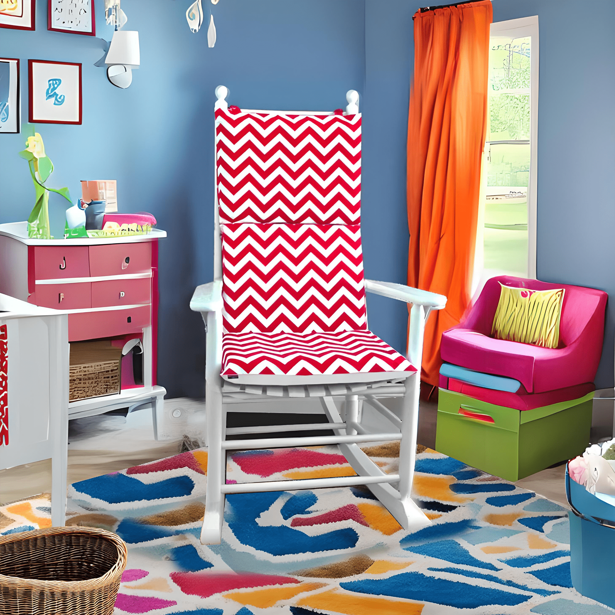 Red and White Zig Zag Rocking Chair Cover, Red Chevron Adjustable Reversible Rocking Chair Cushion