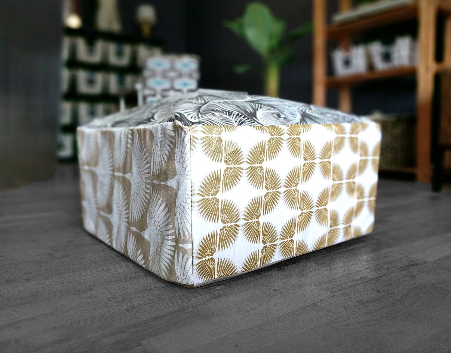 SALE Bean Bag Pouf Cover, Ottoman Neutral Tones, Gold Patterned