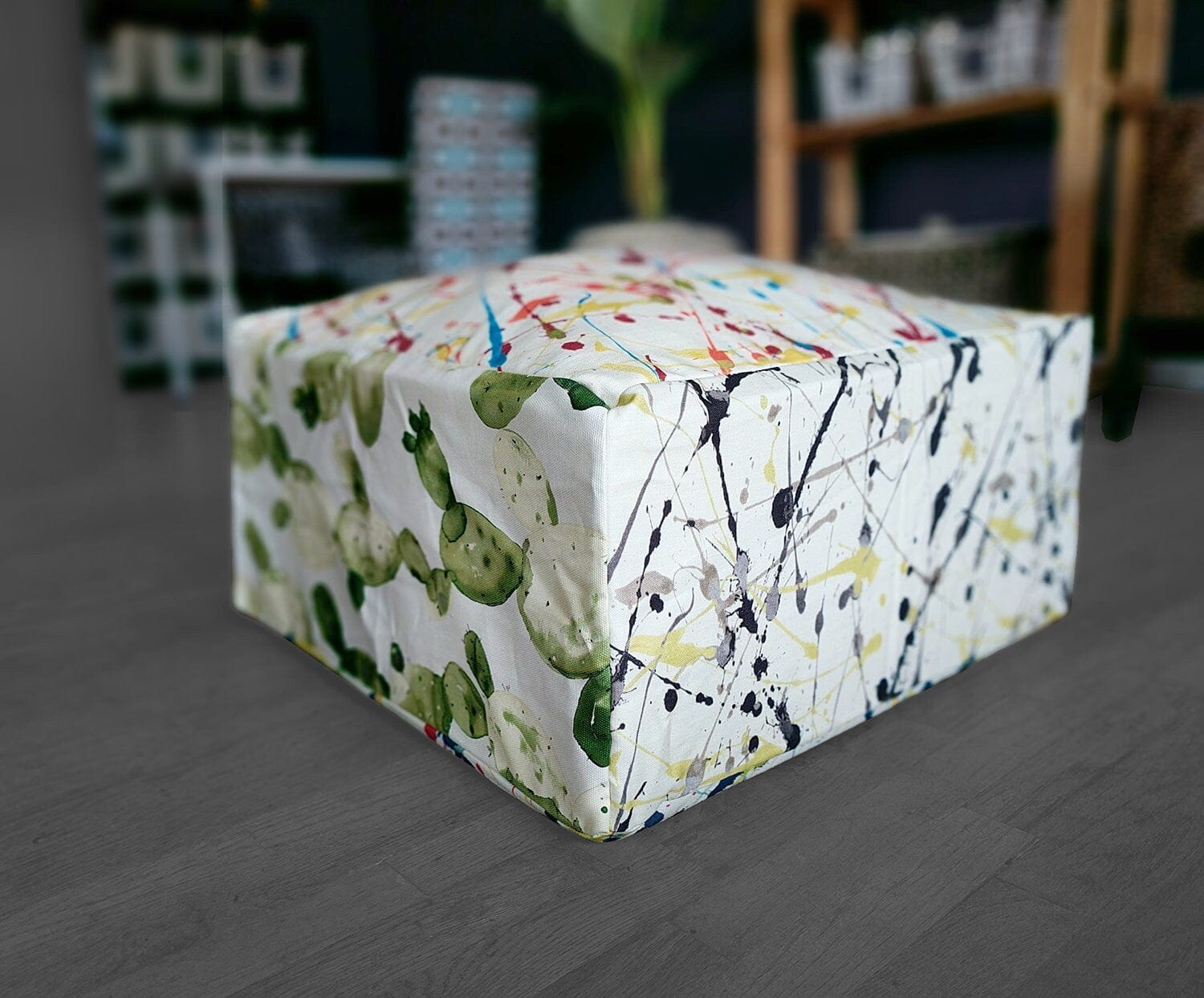 SALE Bean Bag Colorful Paint Splatter Cactus Ottoman, Floor Pouf Cover