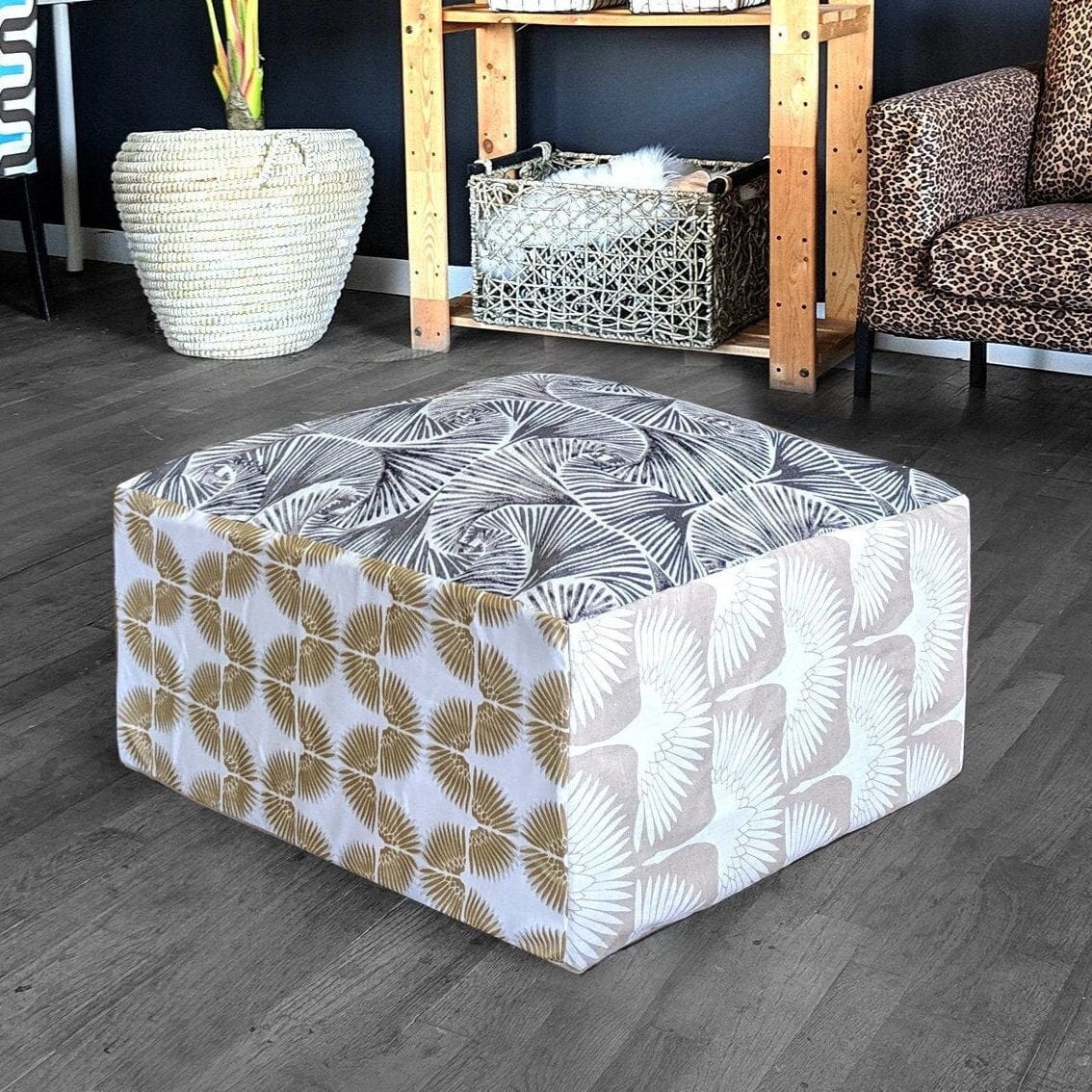 SALE Bean Bag Pouf Cover, Ottoman Neutral Tones, Gold Patterned