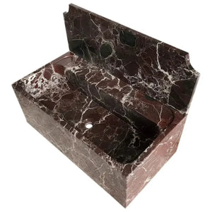 Rosso Levanto marble wall-mount bathroom sink with 11-inch backsplash, Villohome, dark red with white veins.