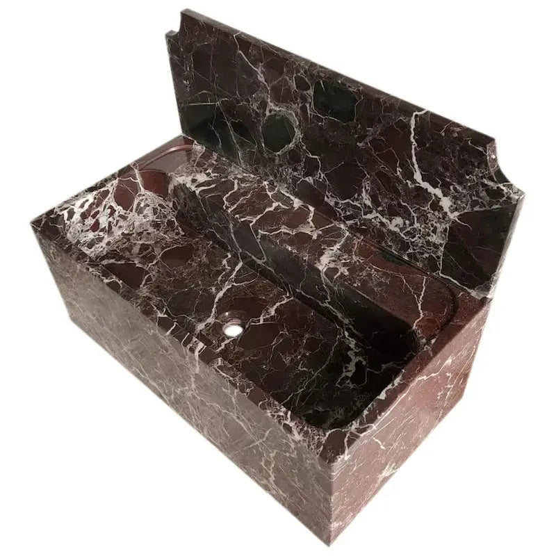Rosso Levanto marble wall-mount bathroom sink with 11-inch backsplash, Villohome, dark red with white veins.