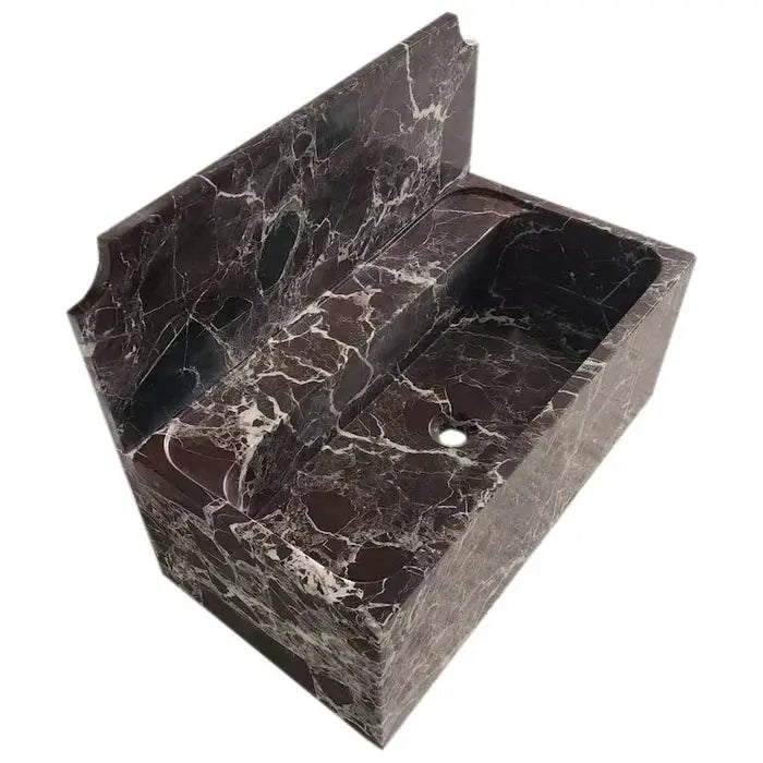 Rosso Levanto marble wall-mount bathroom sink by Villohome with 11" backsplash; dark red/black with white veining