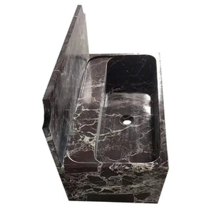 Rosso Levanto marble wall-mount bathroom sink by Villohome with 11-inch backsplash; dark marble with white veins