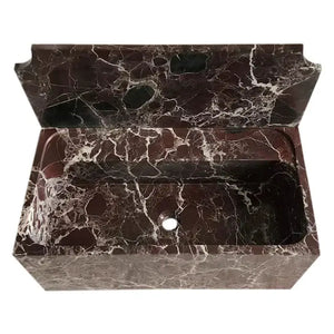 Rosso Levanto marble wall-mount bathroom sink with 11-inch backsplash, dark brown with white veining, Villohome.