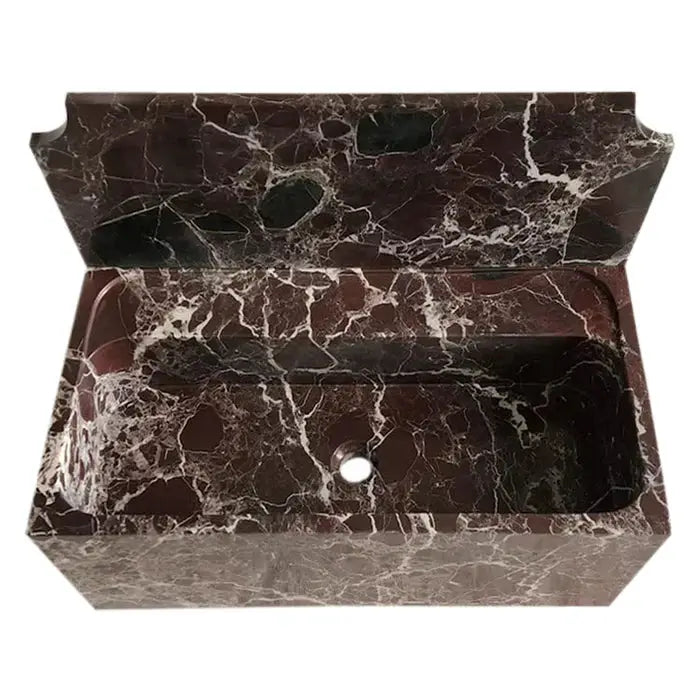 Rosso Levanto marble wall-mount bathroom sink with 11-inch backsplash, dark brown with white veining, Villohome.