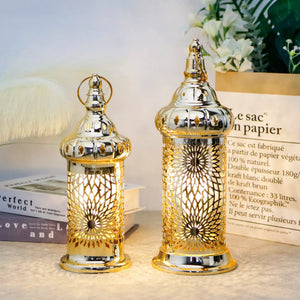 Ramadan lanterns set of 2 gold-tone electric candle holders with lattice pattern