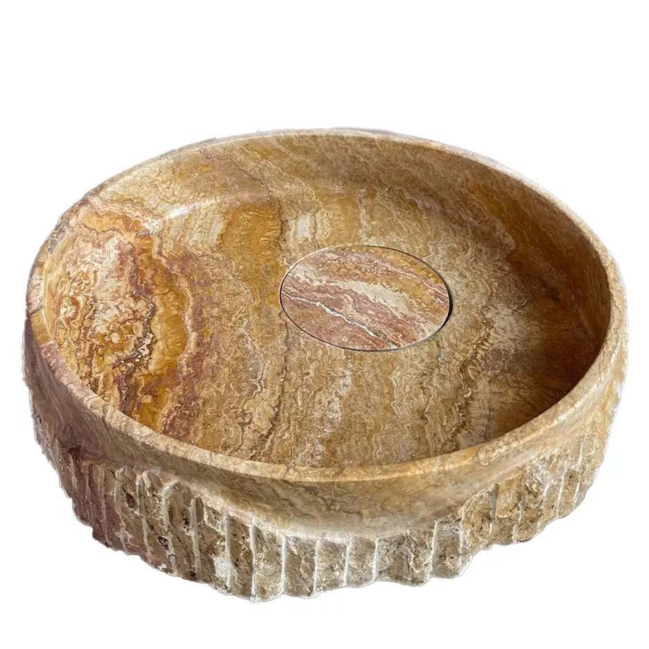 Scabos Gold Travertine Rustic stone bathroom sink by Villohome, above vanity, 18in dia x 4in high