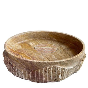 Stone vanity vessel sink in Villohome Scabos Gold travertine, rustic round bowl with central drain, 18-inch dia.