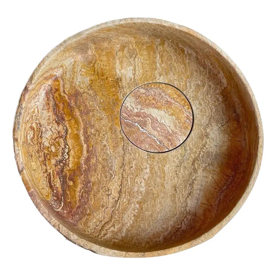 Scabos Gold Travertine Rustic stone bathroom sink, round above-vanity bowl, 18in diameter x 4in height.