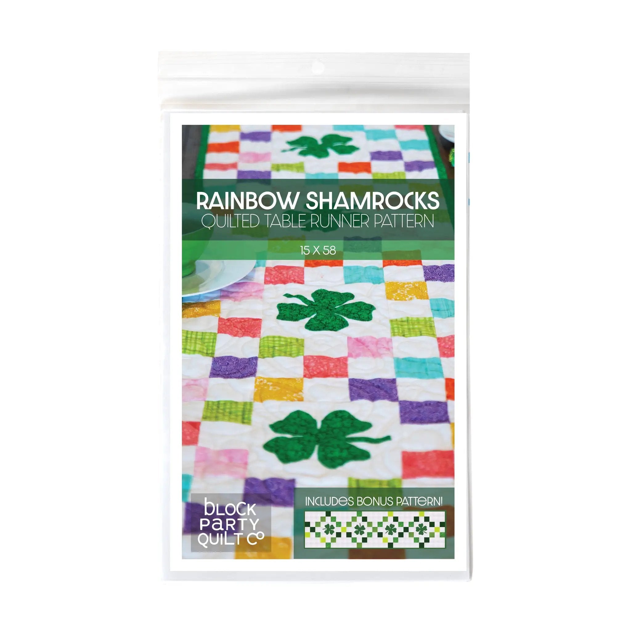 Shamrocks Table Runner Pattern by Block Party Quilt Co, rainbow quilt pattern.