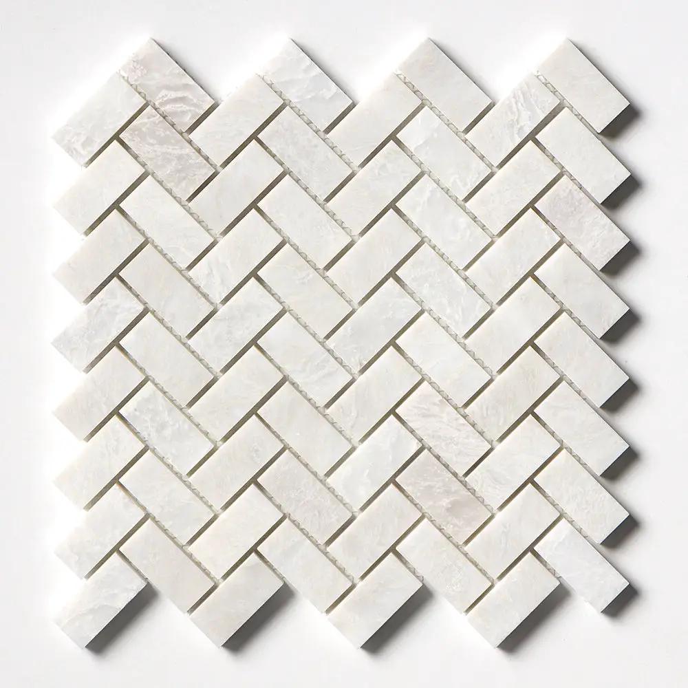 Siberian White Polished Herringbone Marble Mosaics 11x11