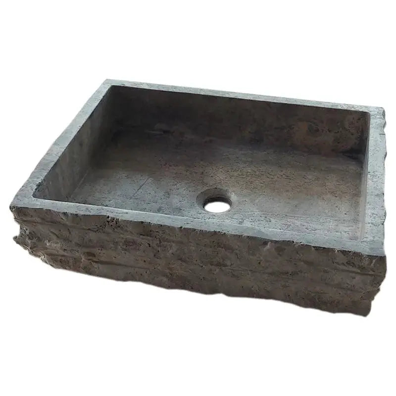 Villohome silver travertine wall-mount bathroom sink with split-face exterior and rectangular stone basin.