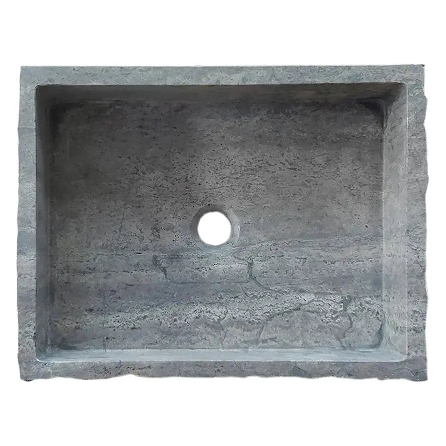 Silver travertine wall-mount bathroom sink; rectangular stone basin with central drain.